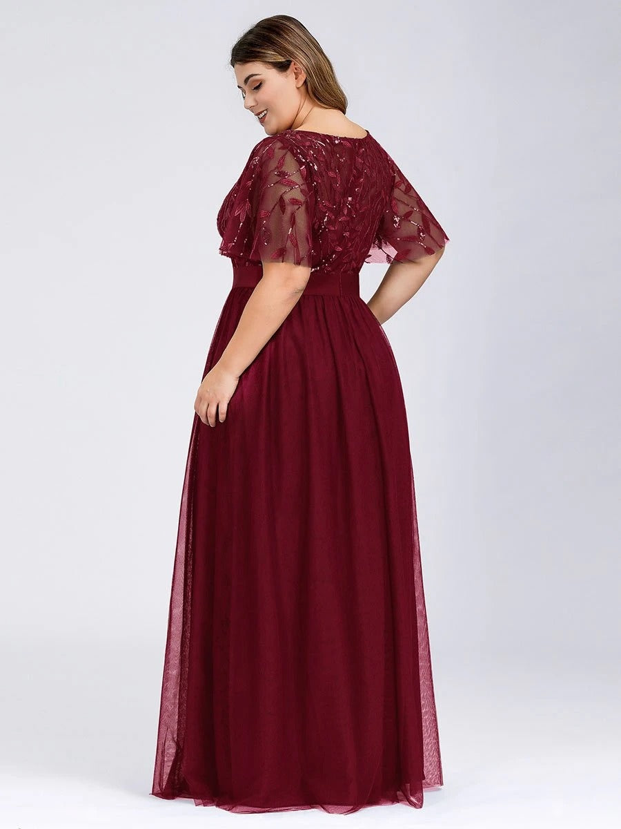 Ladies' Sequin Print Plus Size Evening Gown with Cap Sleeve Round Neck Plus Size Dresses