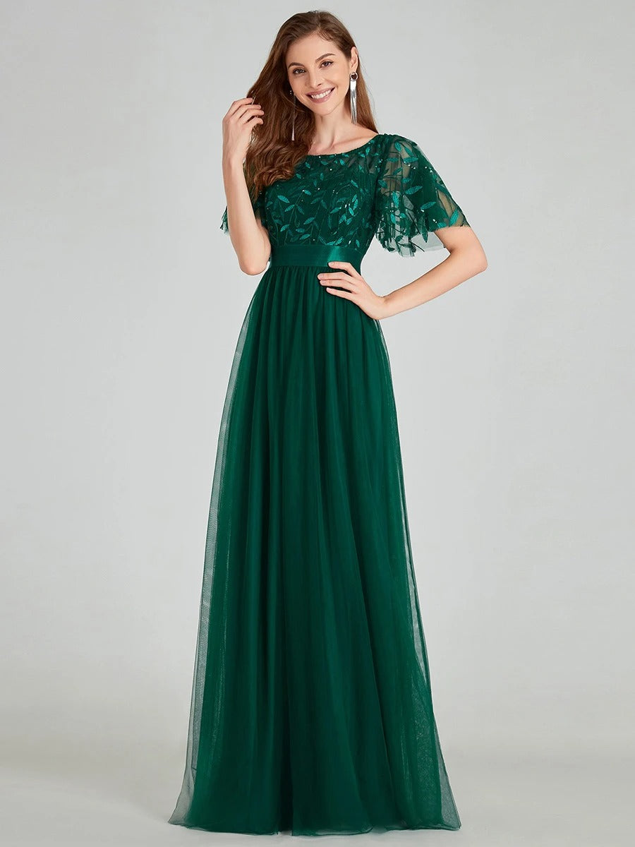 Women's Sequin Print Maxi Long Evening Dresses with Cap Sleeve A-Line Bridesmaid Dress