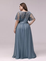 Ladies' Sequin Print Plus Size Evening Gown with Cap Sleeve Round Neck Plus Size Dresses