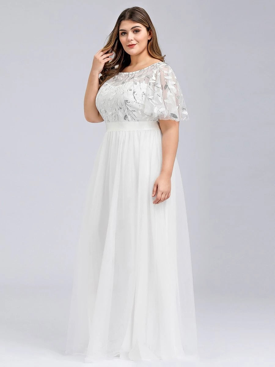 Women's Sequin Print Maxi Long Evening Dresses with Cap Sleeve A-Line Bridesmaid Dress