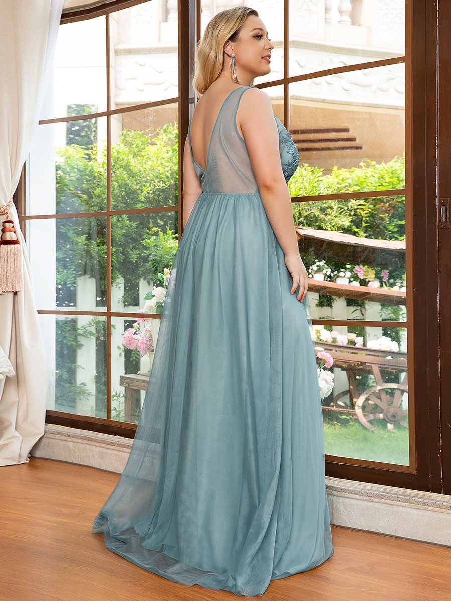 Ladies' A-Line Plus Size Floral Lace Appliques Dress Embroidery Sheer Party Dresses