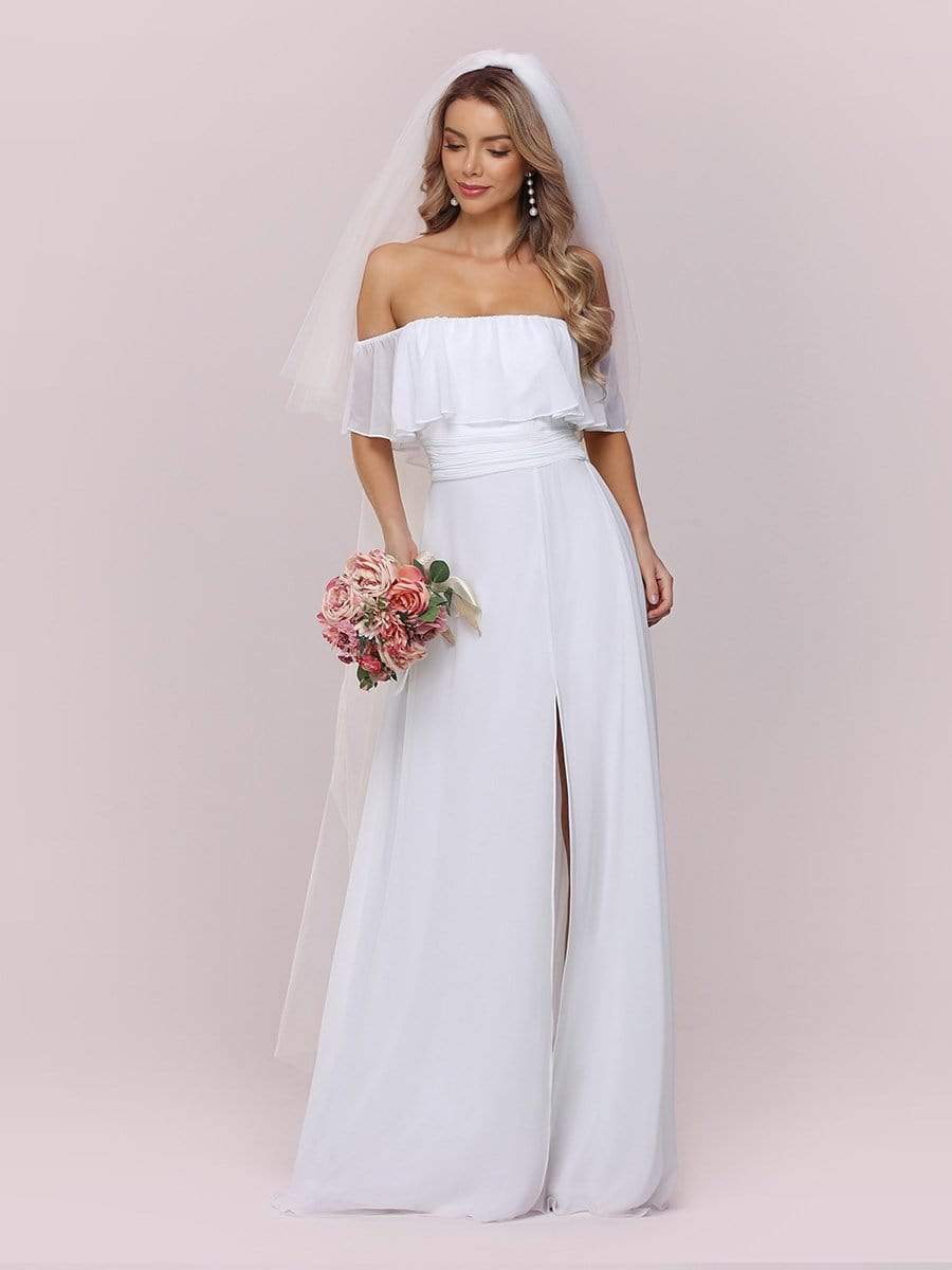 Plain Off Shoulder Ruffle Chiffon Wedding Dress with Side Split