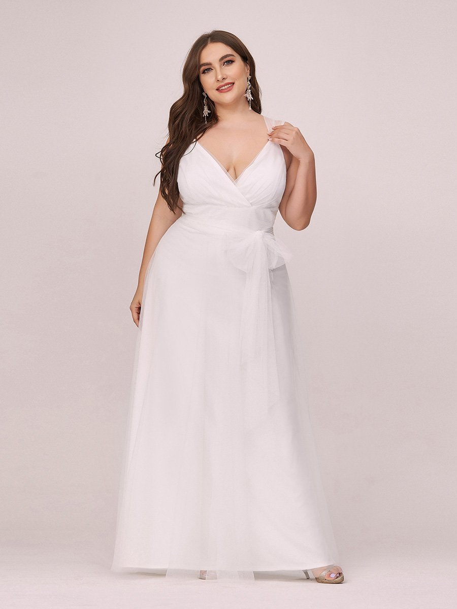 Floor Length Double V Neck Gown Tulle Wedding Dresses