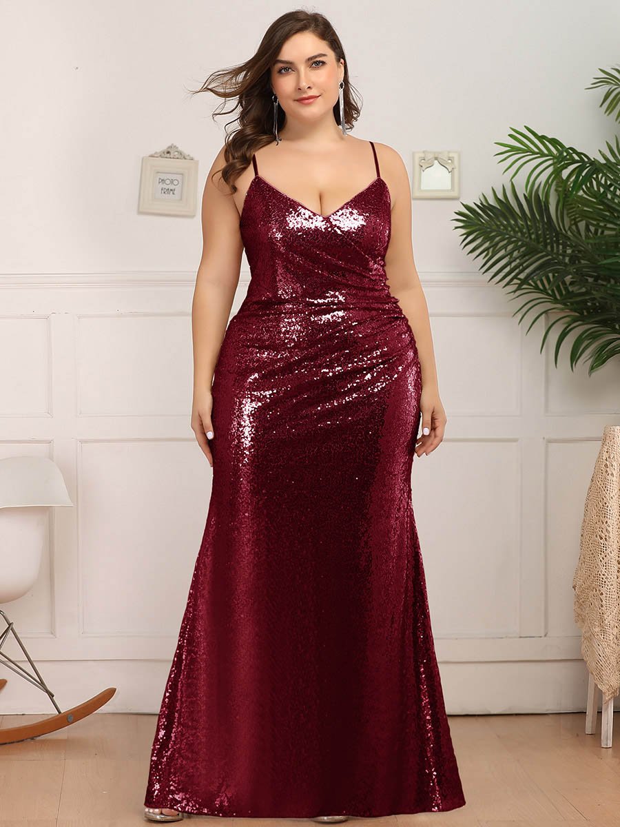 Thin Strap Plus Sizes V Necked Sexy Spaghetti Straps Fishtail Sequins Mermaid Evening Gowns
