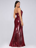 Thin Strap V Necked Sexy Spaghetti Straps Fishtail Sequins Mermaid Evening Gowns Party Dress