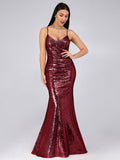 Thin Strap V Necked Sexy Spaghetti Straps Fishtail Sequins Mermaid Evening Gowns Party Dress