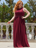 Round Neck Maxi Long Party Dresses for Women Plus Size Lace Pleated Dress Floor Length