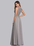 Round Neck Maxi Long Party Dresses for Women Sleeves Lace Pleated Dress Floor Length