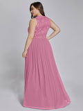 Round Neck Maxi Long Party Dresses for Women Plus Size Lace Pleated Dress Floor Length