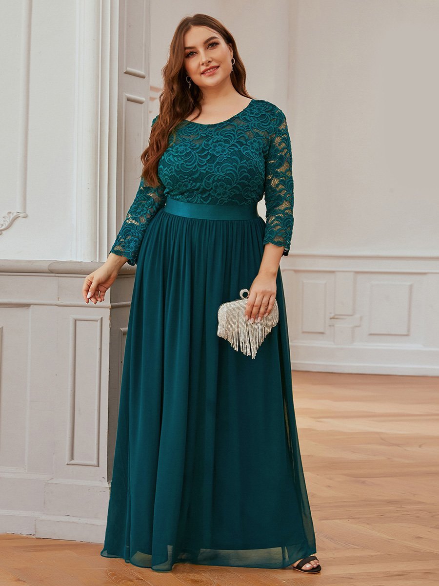 Plus Size Lace Empire Waist Tulle Gown Bridesmaid Dresses with Long Sleeve  Evening Dress - 16 / Teal