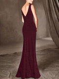 Ladies' Floor Length Sexy V Neck Shimmery Evening Dresses With Side Split for Banquet