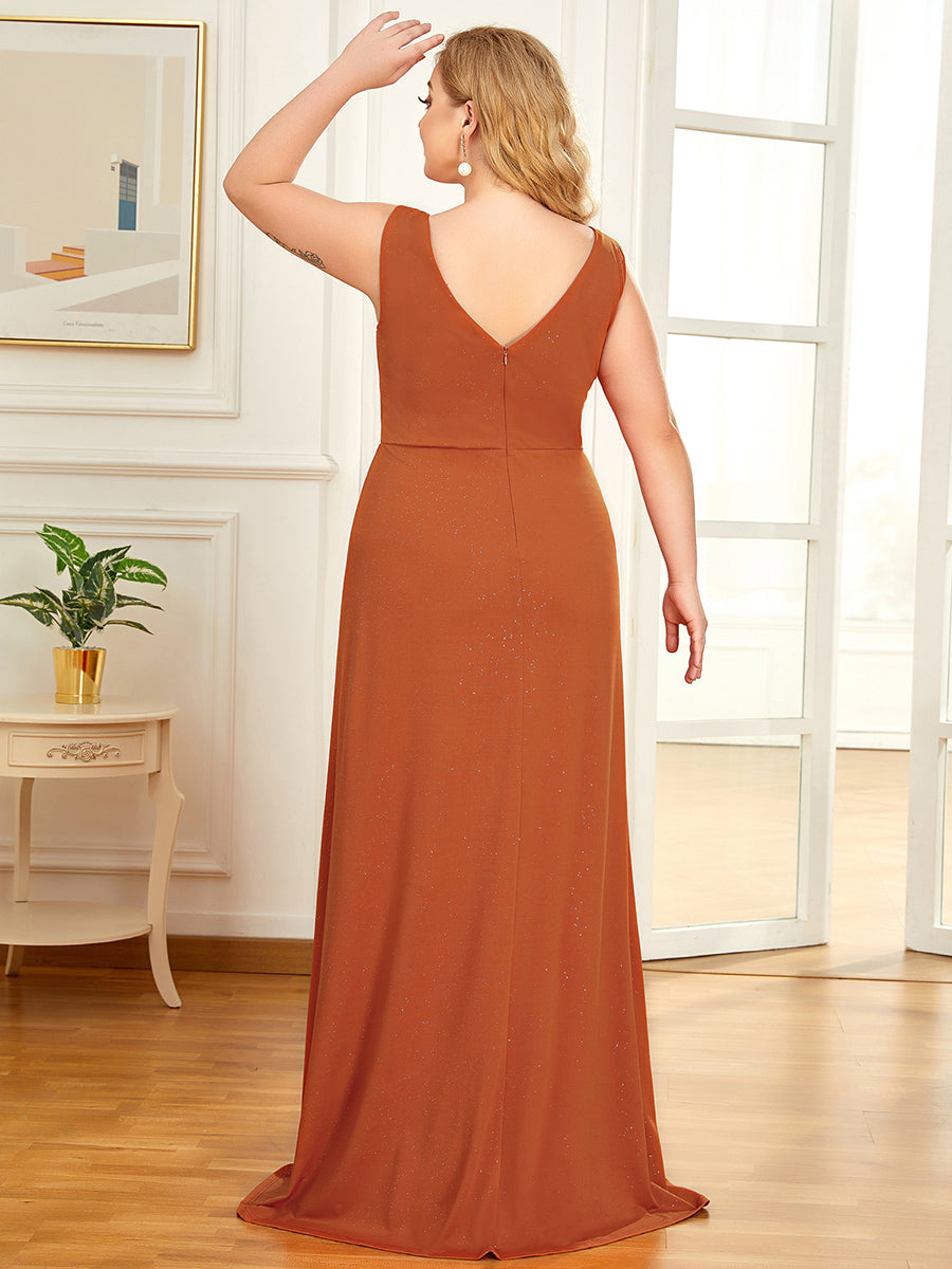 Floor Length Sexy V Neck Shimmery Plus Size Evening Dresses With Side Split for Banquet