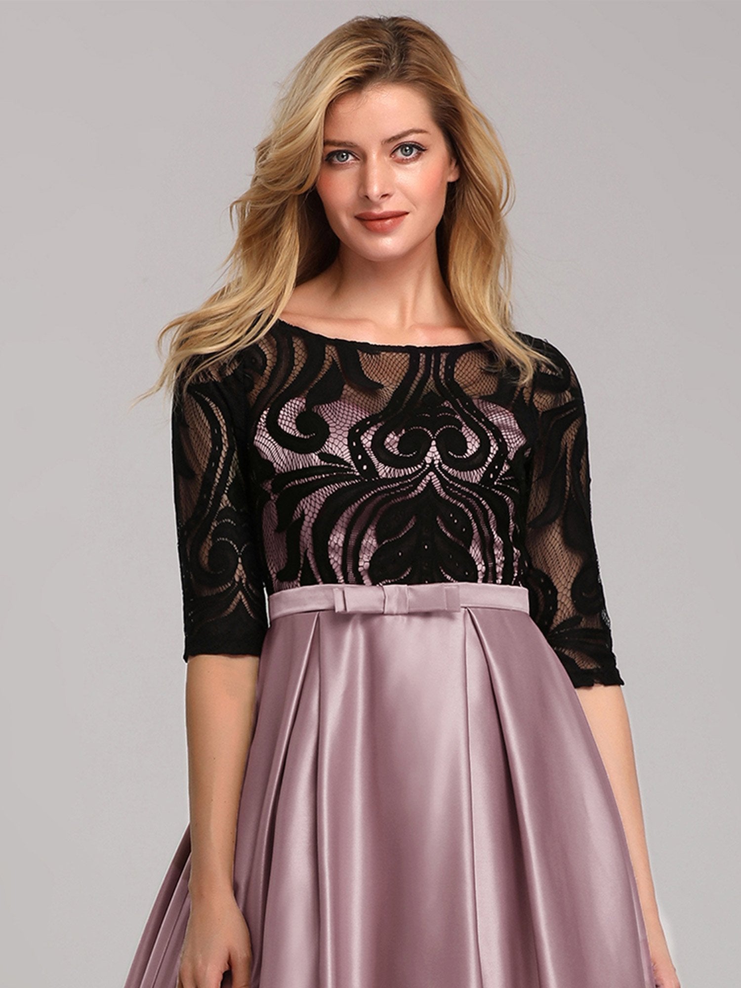 Women's Pricess Dress Lace Round Neck Formal Half Sleeves A Line Evening Dress with Bow