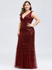 Ladies' Plus Size Classic Fishtail Sequin V Necked Evening Dresses Elegant Mermaid Dresses formal