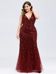 Ladies' Plus Size Classic Fishtail Sequin V Necked Evening Dresses Elegant Mermaid Dresses formal