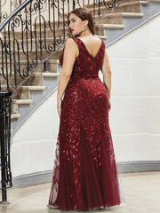 Ladies' Plus Size Classic Fishtail Sequin V Necked Evening Dresses Elegant Mermaid Dresses formal