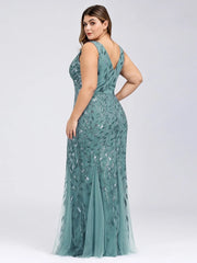 Ladies' Plus Size Classic Fishtail Sequin V Necked Evening Dresses Elegant Mermaid Dresses formal