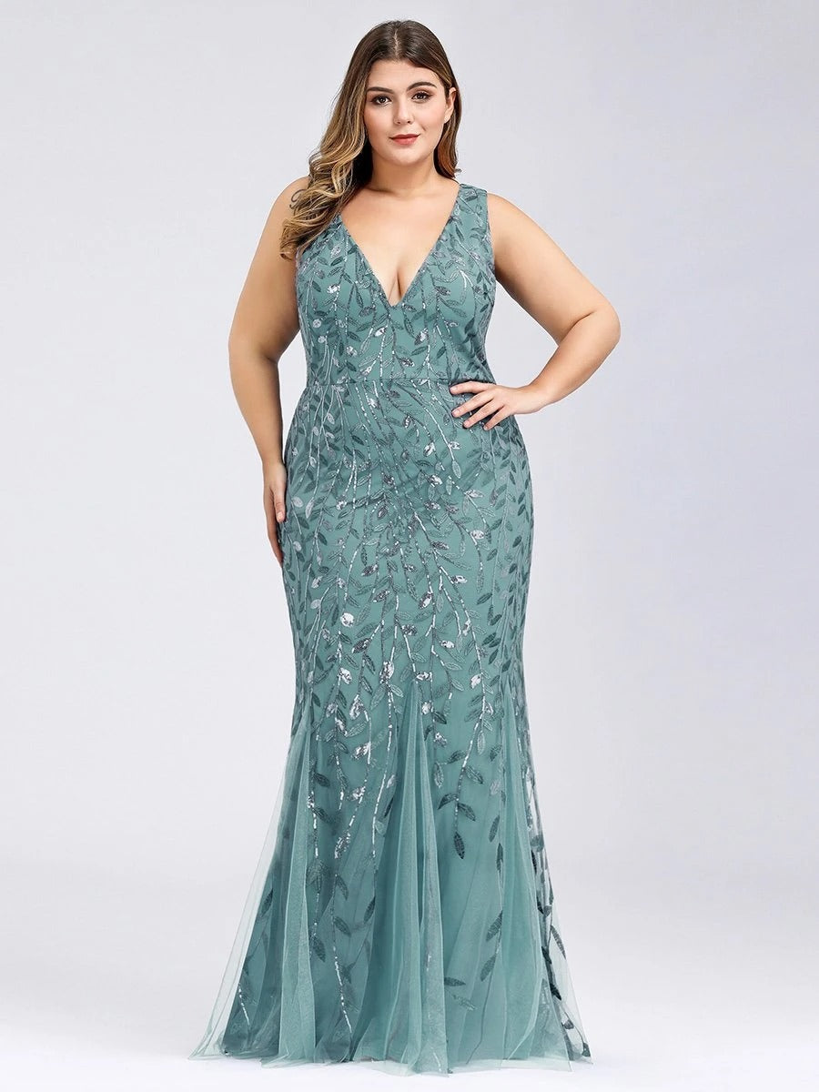 Ladies' Plus Size Classic Fishtail Sequin V Necked Evening Dresses Elegant Mermaid Dresses formal