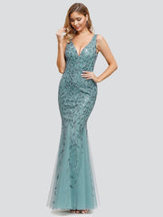 Ladies' Plus Size Classic Fishtail Sequin V Necked Evening Dresses Elegant Mermaid Dresses formal