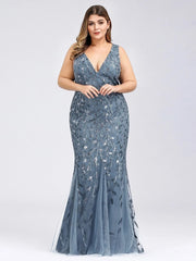 Ladies' Plus Size Classic Fishtail Sequin V Necked Evening Dresses Elegant Mermaid Dresses formal