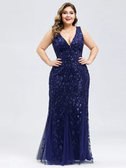 Ladies' Plus Size Classic Fishtail Sequin V Necked Evening Dresses Elegant Mermaid Dresses formal