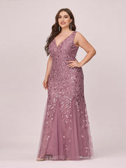 Ladies' Plus Size Classic Fishtail Sequin V Necked Evening Dresses Elegant Mermaid Dresses formal