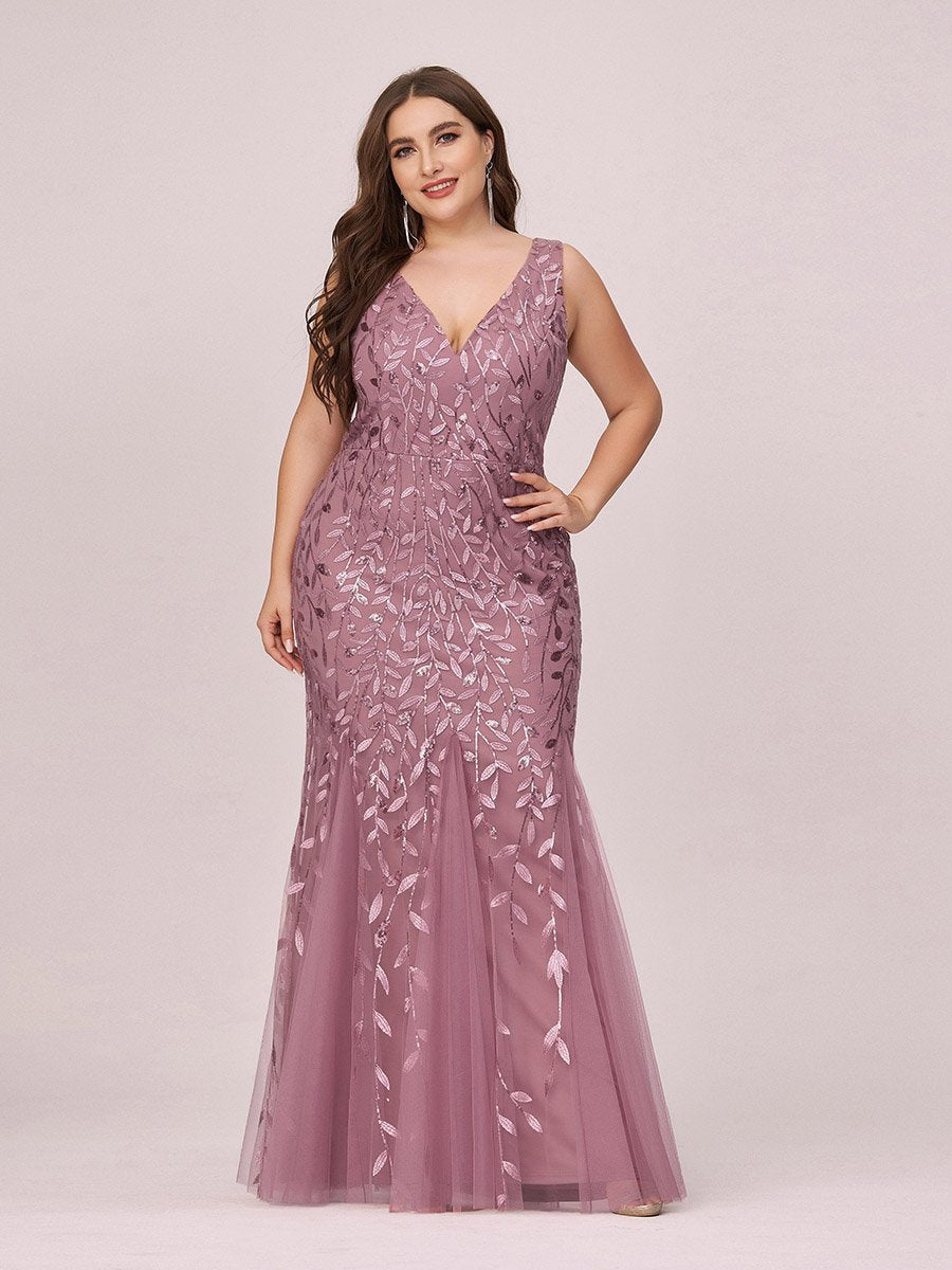 Ladies' Plus Size Classic Fishtail Sequin V Necked Evening Dresses Elegant Mermaid Dresses formal