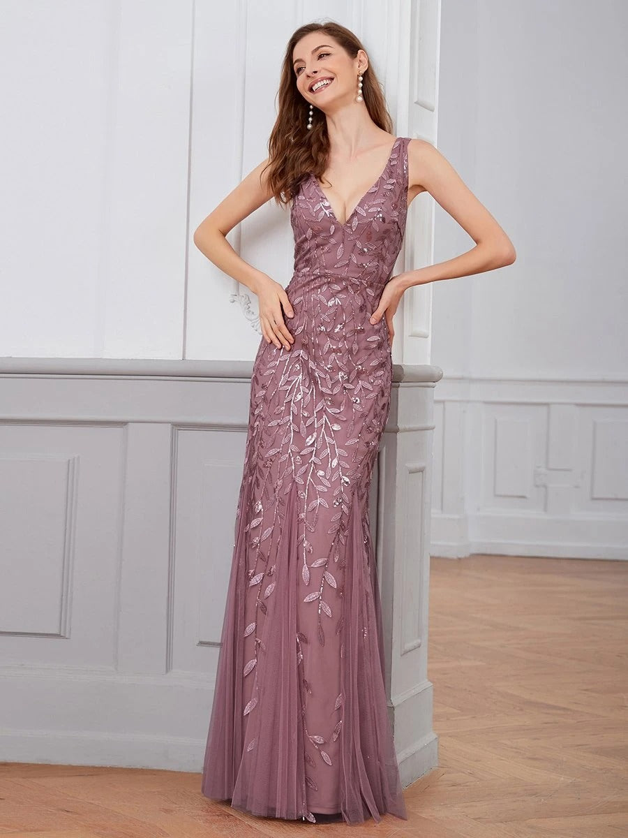 Classic Fishtail Sequin V Necked Evening Dresses for Women Elegant Mermaid Dresses formal
