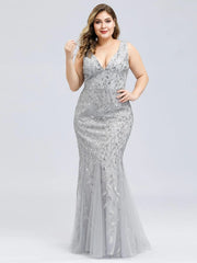 Ladies' Plus Size Classic Fishtail Sequin V Necked Evening Dresses Elegant Mermaid Dresses formal