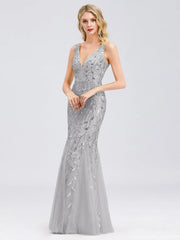 Ladies' Plus Size Classic Fishtail Sequin V Necked Evening Dresses Elegant Mermaid Dresses formal