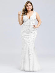 Ladies' Plus Size Classic Fishtail Sequin V Necked Evening Dresses Elegant Mermaid Dresses formal