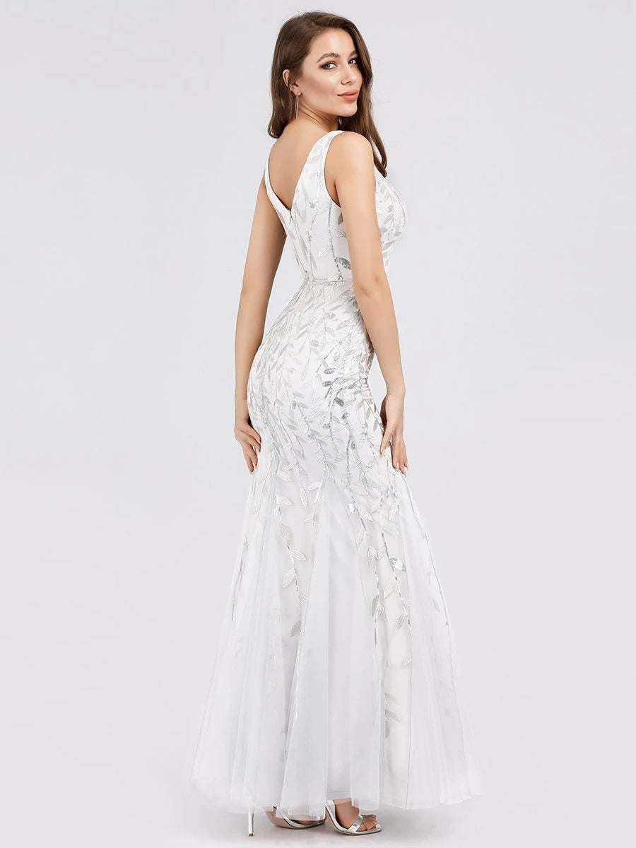 Classic Fishtail Sequin V Necked Evening Dresses for Women Elegant Mermaid Dresses formal