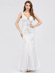 Ladies' Plus Size Classic Fishtail Sequin V Necked Evening Dresses Elegant Mermaid Dresses formal