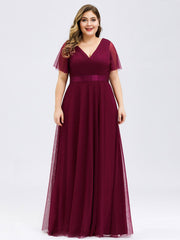 Plus Size V-Neck A-Line Floor-Length Bridesmaid Dresses Chiffon Dress Ruffle Sleeve Dress