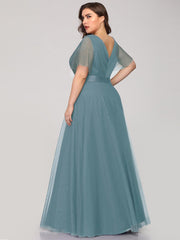 Plus Size V-Neck A-Line Floor-Length Bridesmaid Dresses Chiffon Dress Ruffle Sleeve Dress