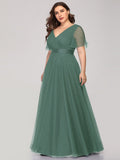 Plus Size V-Neck A-Line Floor-Length Bridesmaid Dresses Chiffon Dress Ruffle Sleeve Dress
