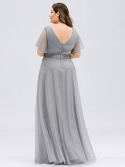 Plus Size V-Neck A-Line Floor-Length Bridesmaid Dresses Chiffon Dress Ruffle Sleeve Dress