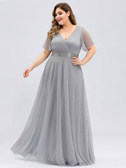 Plus Size V-Neck A-Line Floor-Length Bridesmaid Dresses Chiffon Dress Ruffle Sleeve Dress