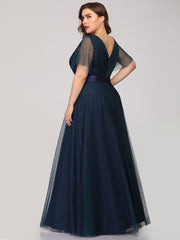 Plus Size V-Neck A-Line Floor-Length Bridesmaid Dresses Chiffon Dress Ruffle Sleeve Dress