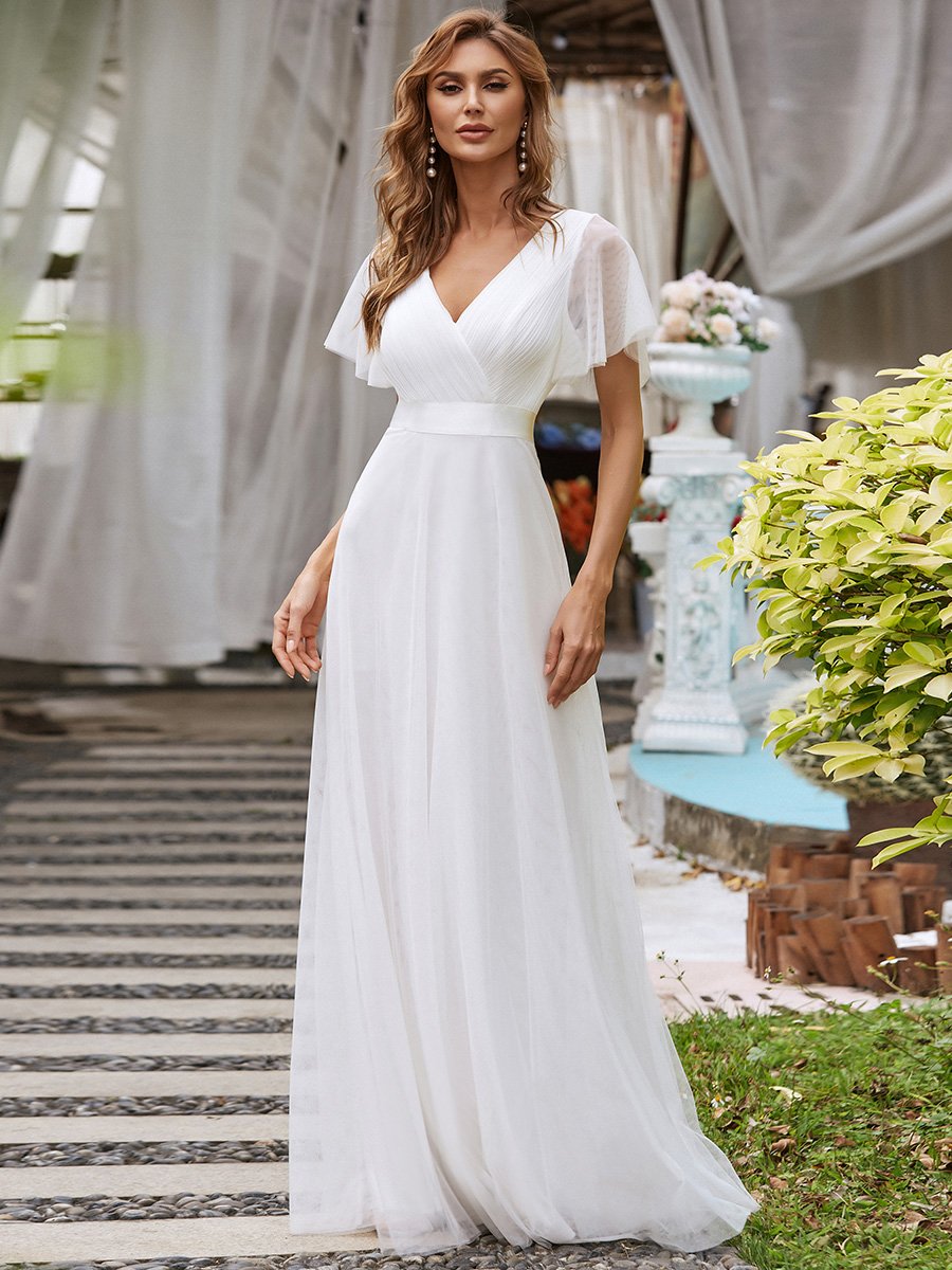 Women's V-Neck A-Line Floor-Length Bridesmaid Dresses Chiffon Dress Ruffle Sleeve Dress