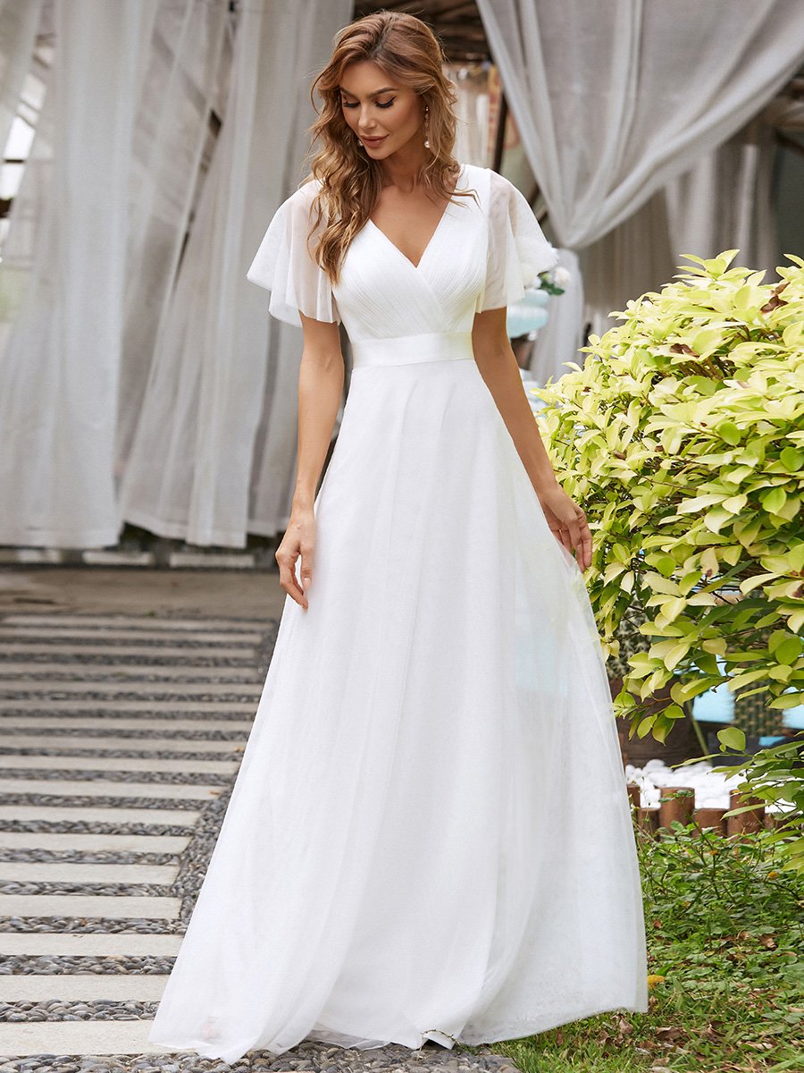 Women's V-Neck A-Line Floor-Length Bridesmaid Dresses Chiffon Dress Ruffle Sleeve Dress