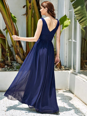 Double V-Neck Elegant Maxi Long Evening Dresses Sleeves Tulle Dress A-Line Party Dresses