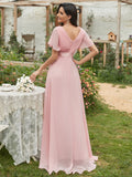 Bridesmaid Glamorous Double V-Neck Ruffles Padded Evening Dresses Prom Chiffon Dress