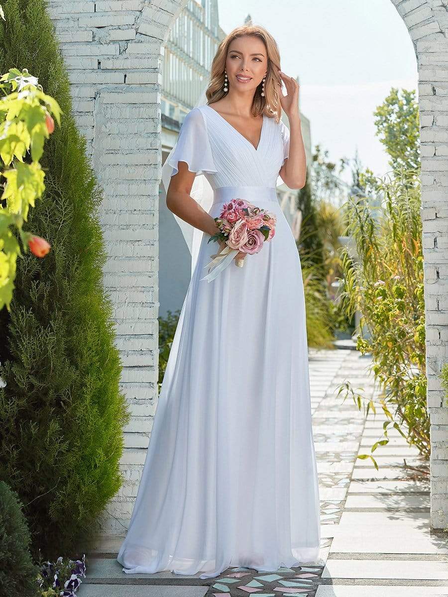 Minimalist A-Line Double V Necked Chiffon Wedding Dress with Satin Belt