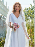 Minimalist A-Line Double V Necked Chiffon Wedding Dress with Satin Belt