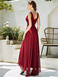 Simple Double V Neck Rhinestones Ruched Bust High Low Chiffon Evening Dresses