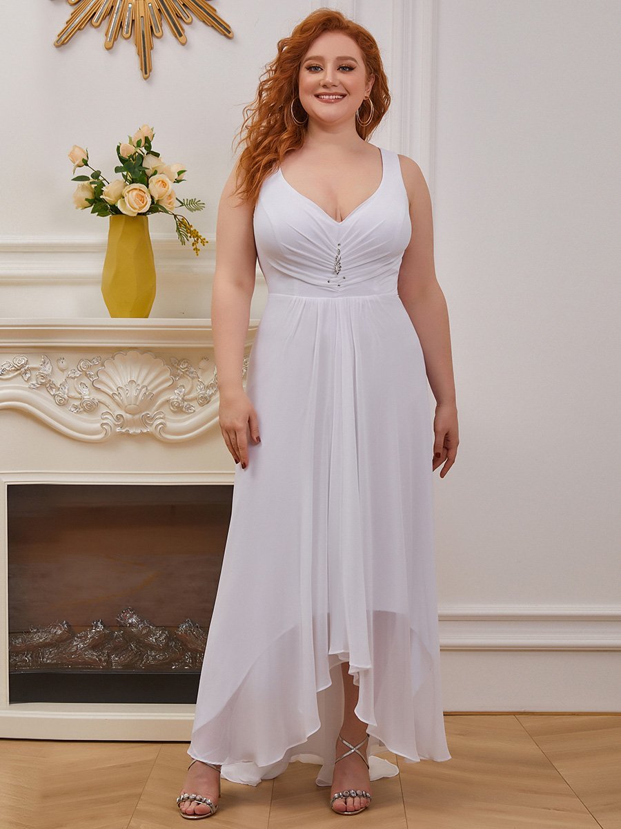 Plus Size Simple Double V Neck Rhinestones Ruched Bust High Low Chiffon Evening Dresses