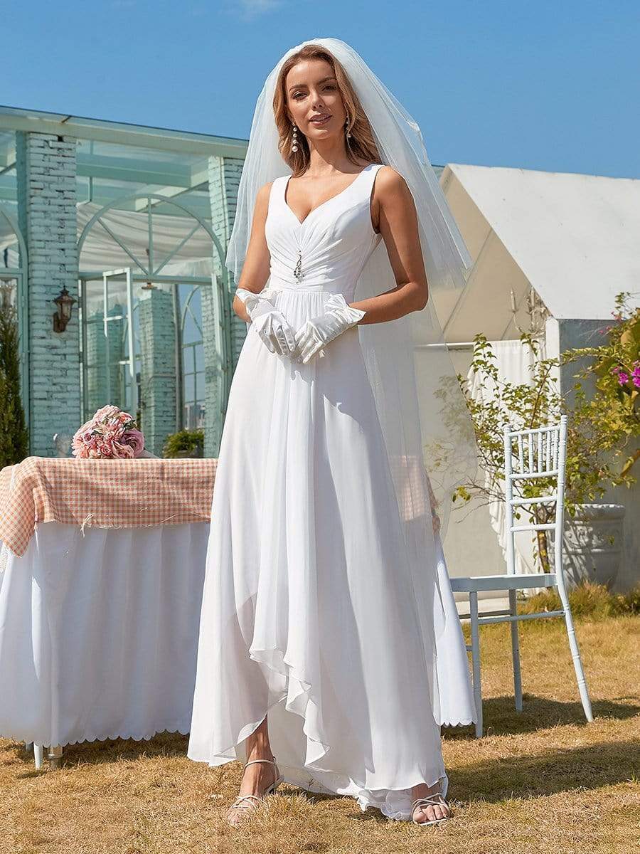 Simple V Neck Chiffon High Low Wedding Dress with Asymmetric Hem