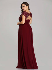 Plus Size Lacey Neckline Open Back Ruched Evening Dresses Plain Pleated Chiffon Dress