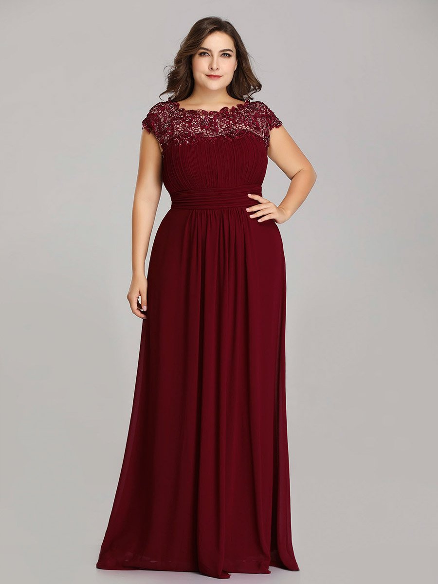 Plus Size Lacey Neckline Open Back Ruched Evening Dresses Plain Pleated  Chiffon Dress - 16 / Burgundy